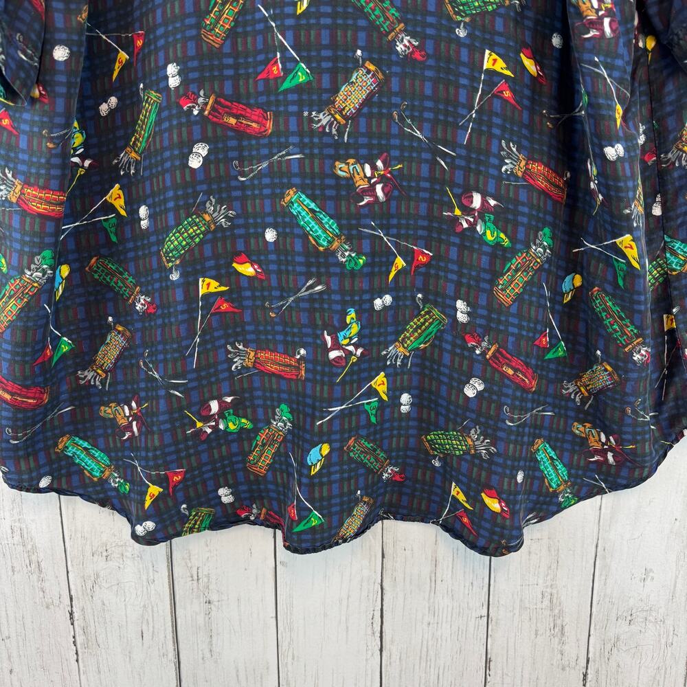 VTG 80's Snow Blue Plaid Washable Silk Golf Clubs Short Sleeve Shirt Size XL - Picture 10 of 13